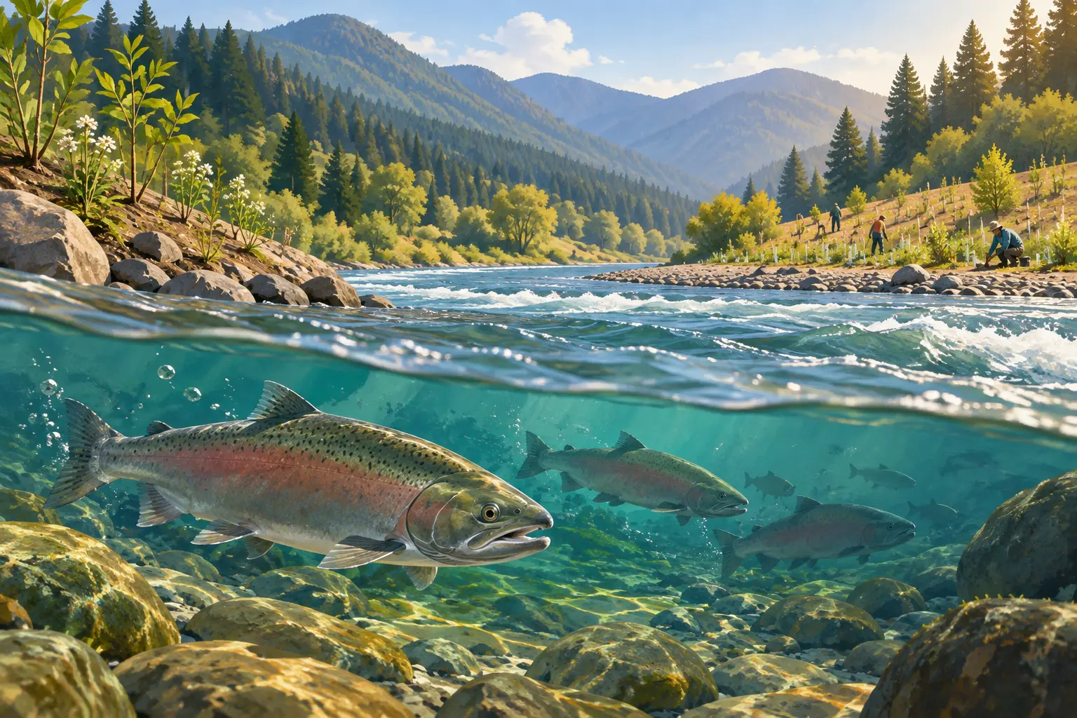 Illustration du fleuve Klamath et du retour des saumons
